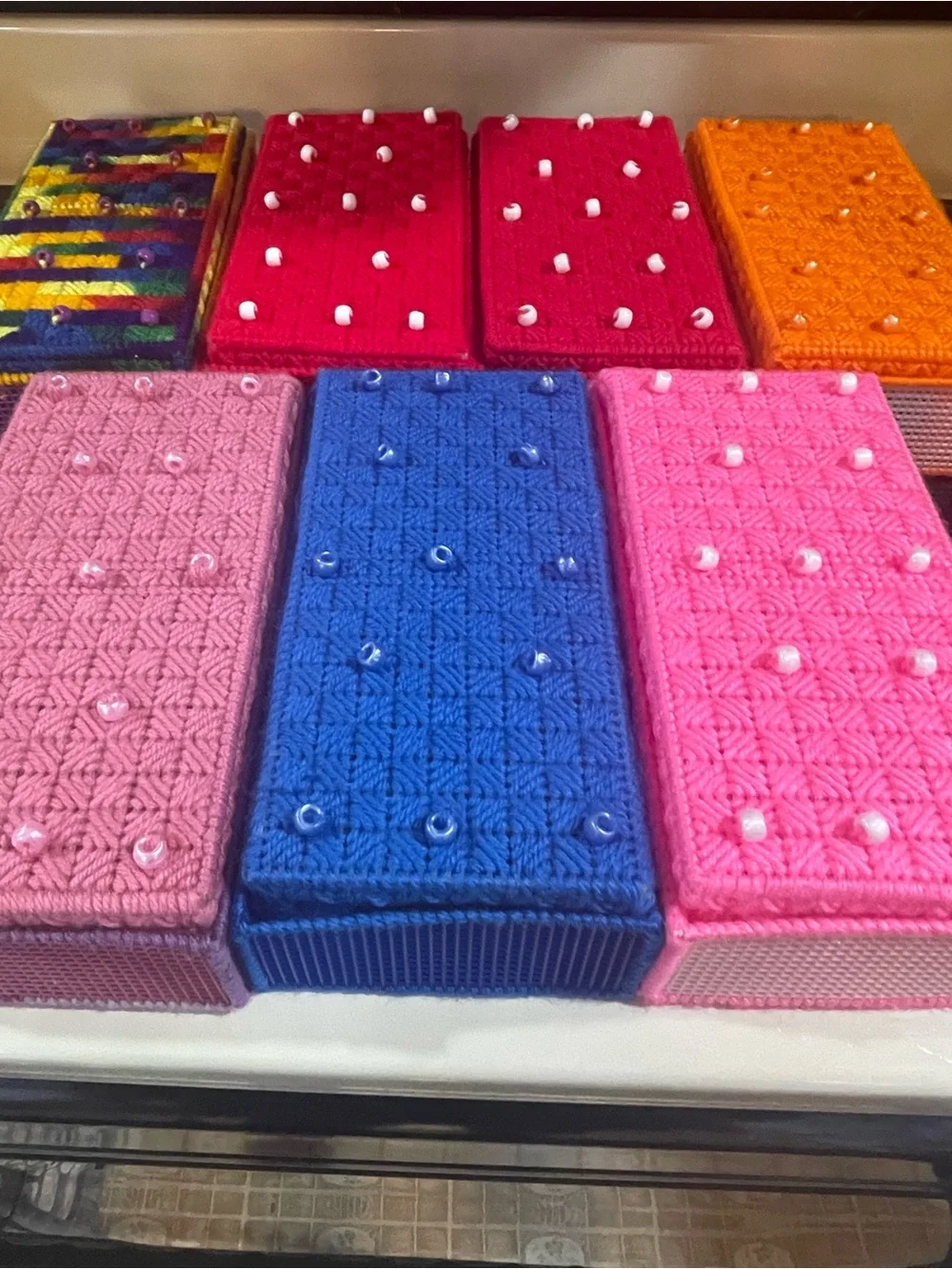 Vintage Hand Knitted Crochet Boxes Lot of 7 Various Size, Colour, Pattern